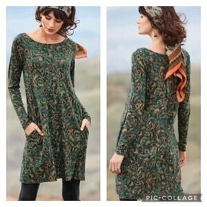 Peruvian Connection Orla Long Sleeve Dress Green Floral Modal Cotton Size XL